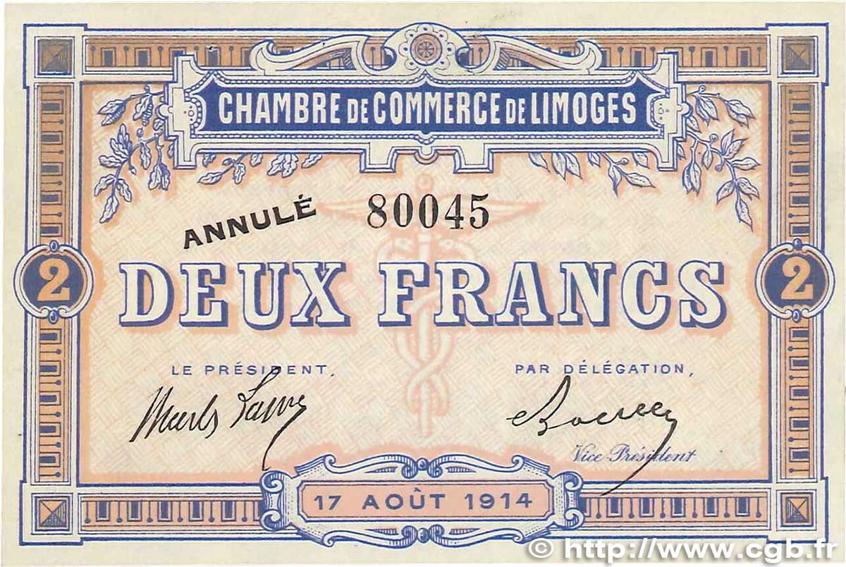2 Francs Annulé FRANCE régionalisme et divers Limoges 1914 JP.073.06 pr.SPL