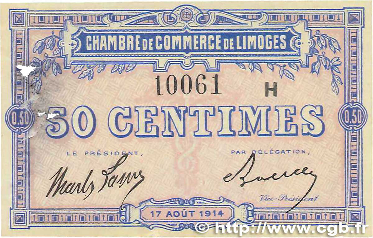 50 Centimes FRANCE régionalisme et divers Limoges 1914 JP.073.14 TB