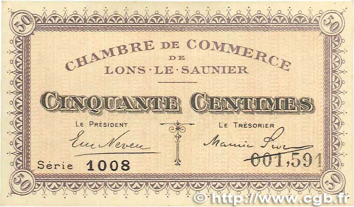 50 Centimes FRANCE régionalisme et divers Lons-Le-Saunier 1918 JP.074.01 SUP+