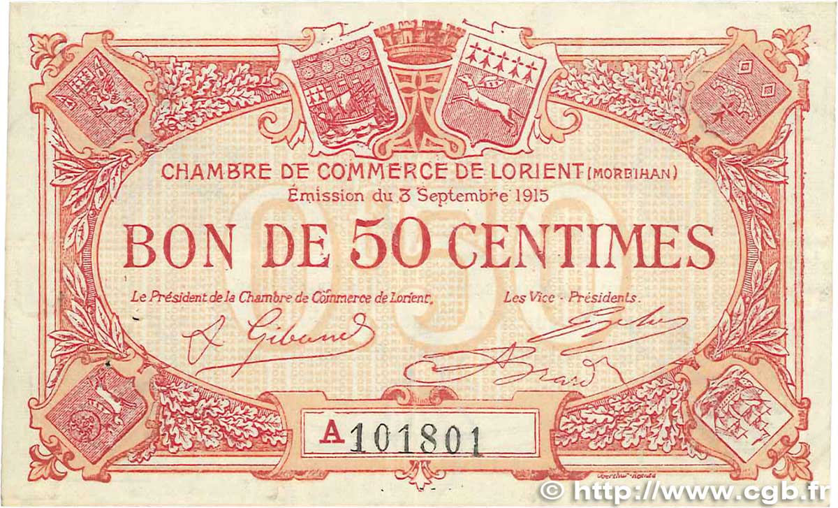50 Centimes FRANCE régionalisme et divers Lorient 1915 JP.075.20 TTB
