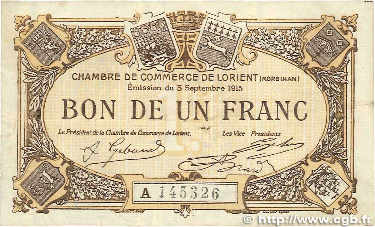 1 Franc FRANCE régionalisme et divers Lorient 1915 JP.075.21 TTB