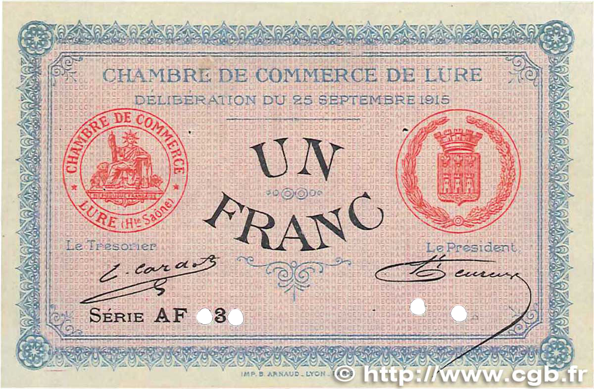 1 Franc FRANCE régionalisme et divers Lure 1915 JP.076.10 SUP