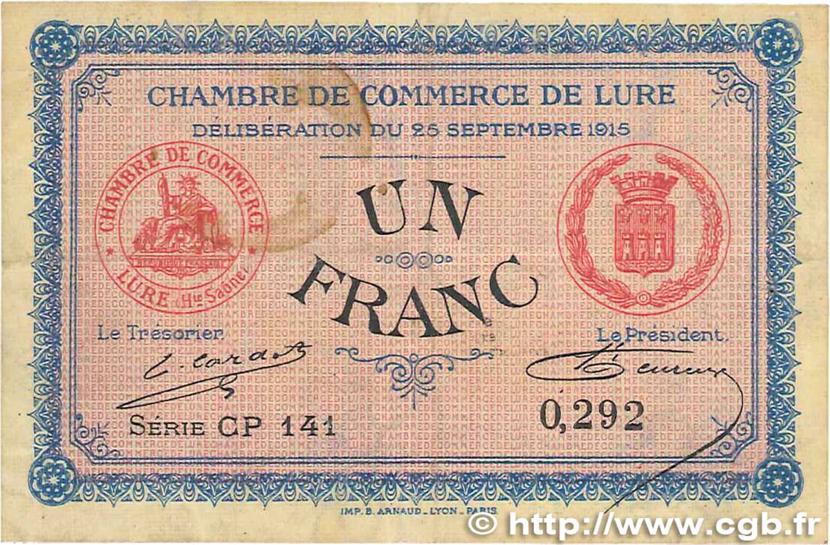 1 Franc FRANCE régionalisme et divers Lure 1915 JP.076.16 TTB