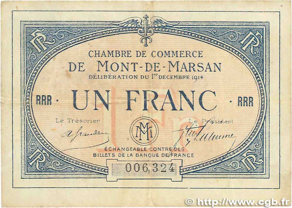 1 Franc FRANCE régionalisme et divers Mont-De-Marsan 1914 JP.082.08 pr.TTB