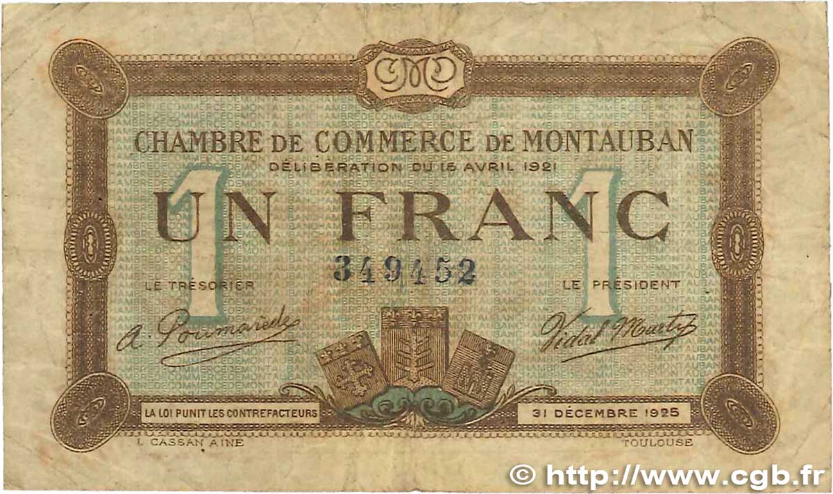 1 Franc FRANCE régionalisme et divers Montauban 1921 JP.083.19 TB