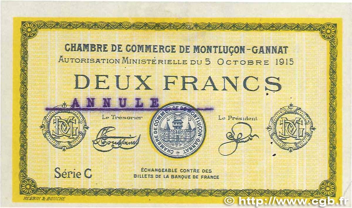 2 Francs Annulé FRANCE régionalisme et divers Montluçon, Gannat 1915 JP.084.19 TTB