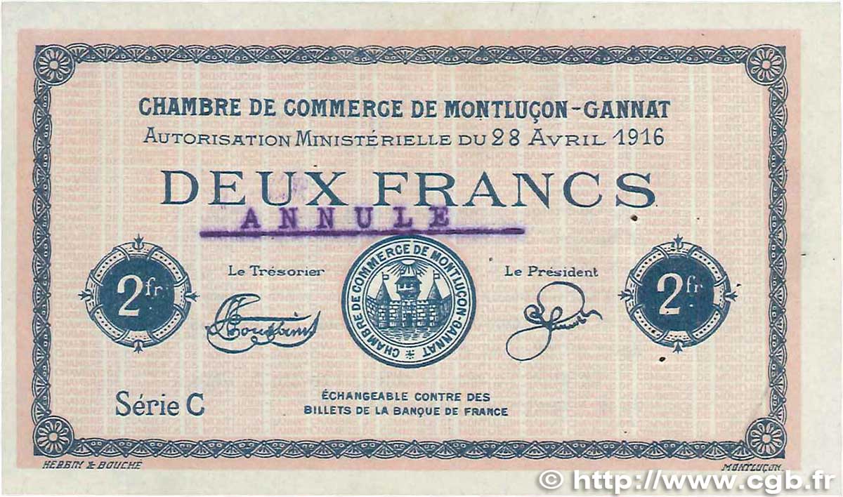 2 Francs Annulé FRANCE régionalisme et divers Montluçon, Gannat 1916 JP.084.27 TTB+