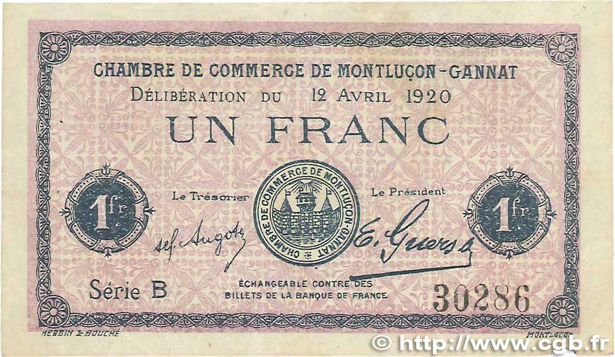 1 Franc FRANCE régionalisme et divers Montluçon, Gannat 1920 JP.084.52 pr.TTB