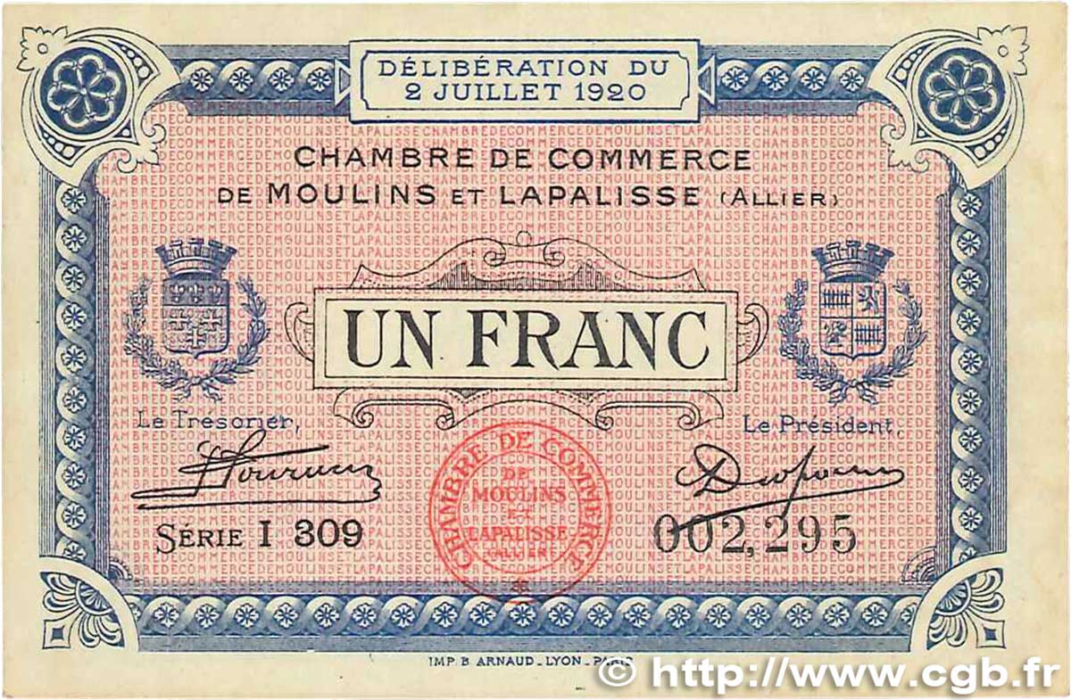 1 Franc FRANCE régionalisme et divers Moulins et Lapalisse 1920 JP.086.20 TTB+