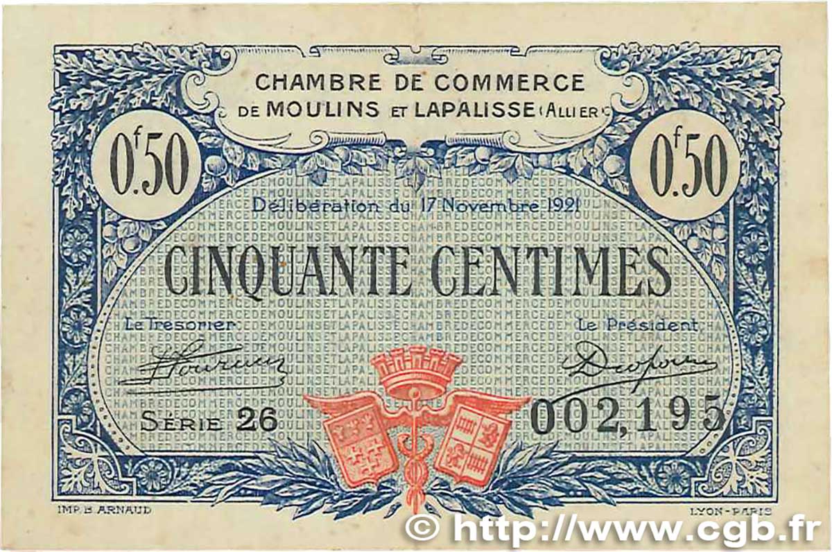50 Centimes FRANCE régionalisme et divers Moulins et Lapalisse 1921 JP.086.22 TTB