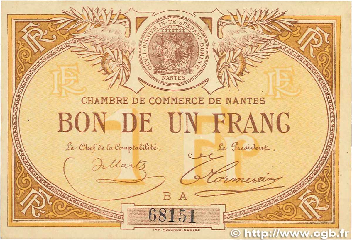 1 Franc FRANCE regionalism and miscellaneous Nantes 1918 JP.088.15 VF+