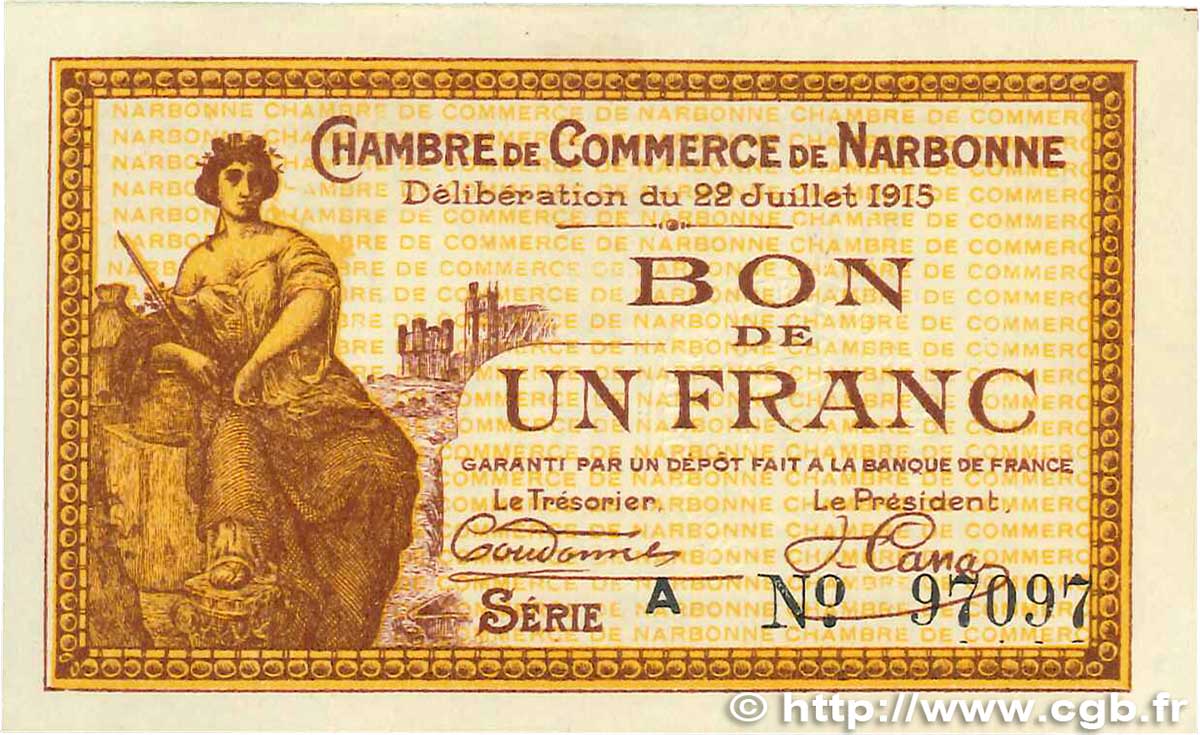 1 Franc FRANCE regionalism and miscellaneous Narbonne 1915 JP.089.02 AU