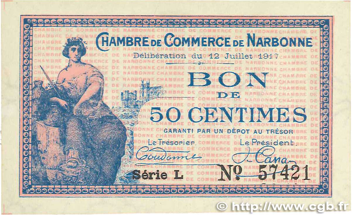 50 Centimes FRANCE regionalism and miscellaneous Narbonne 1917 JP.089.12 XF+