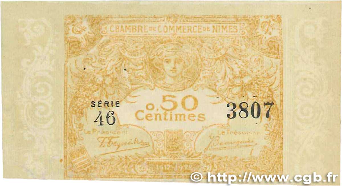 50 Centimes FRANCE regionalism and miscellaneous Nîmes 1917 JP.092.17 VF+