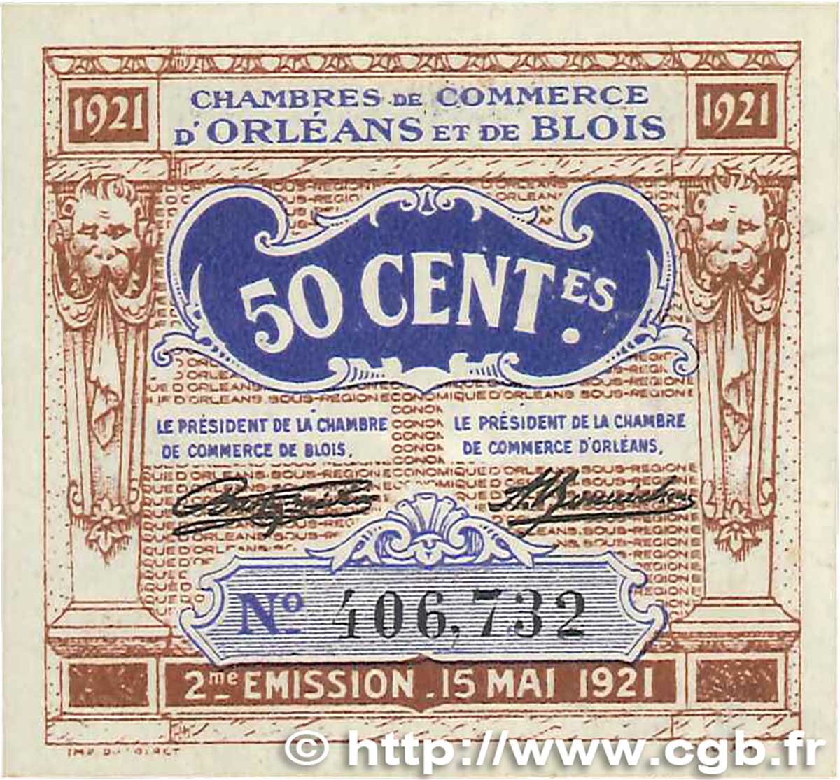 50 Centimes FRANCE régionalisme et divers Orléans et Blois 1921 JP.096.05 SUP