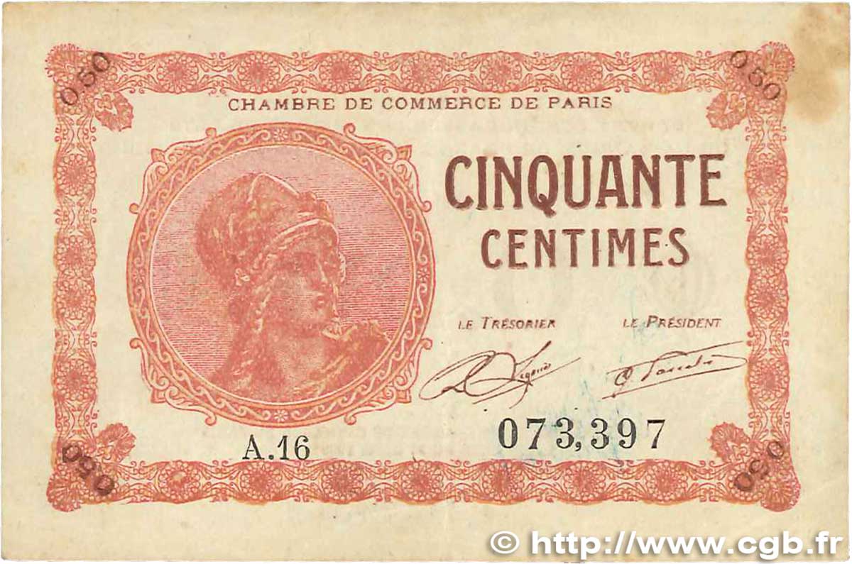 50 Centimes FRANCE régionalisme et divers Paris 1920 JP.097.10 TB