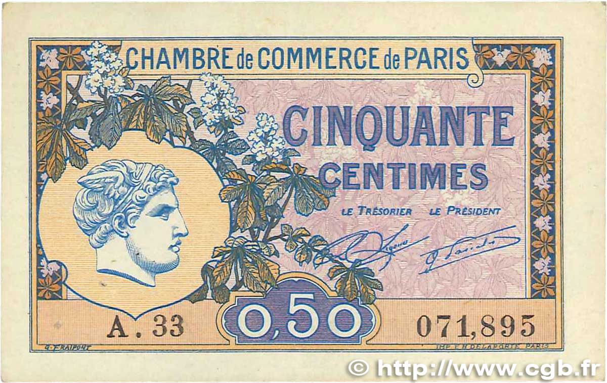 50 Centimes FRANCE regionalismo y varios Paris 1920 JP.097.31 MBC