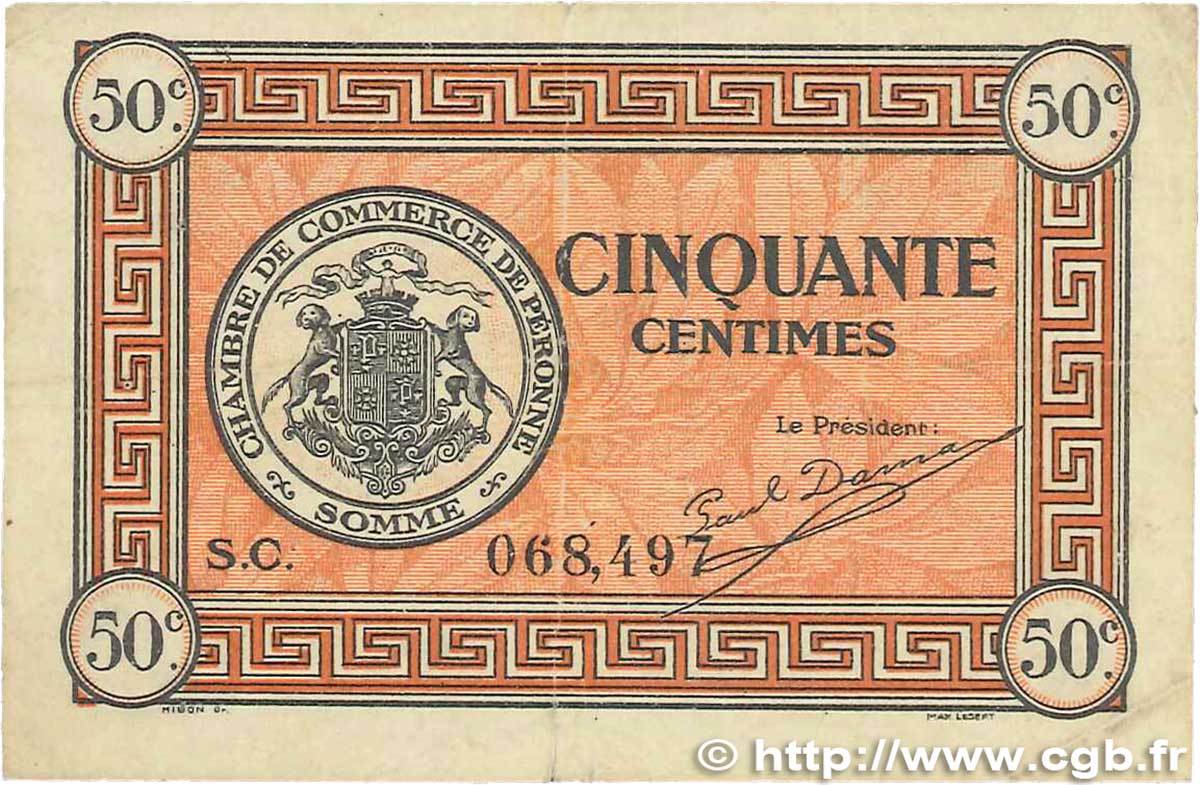 50 Centimes FRANCE régionalisme et divers Péronne 1920 JP.099.01 TB