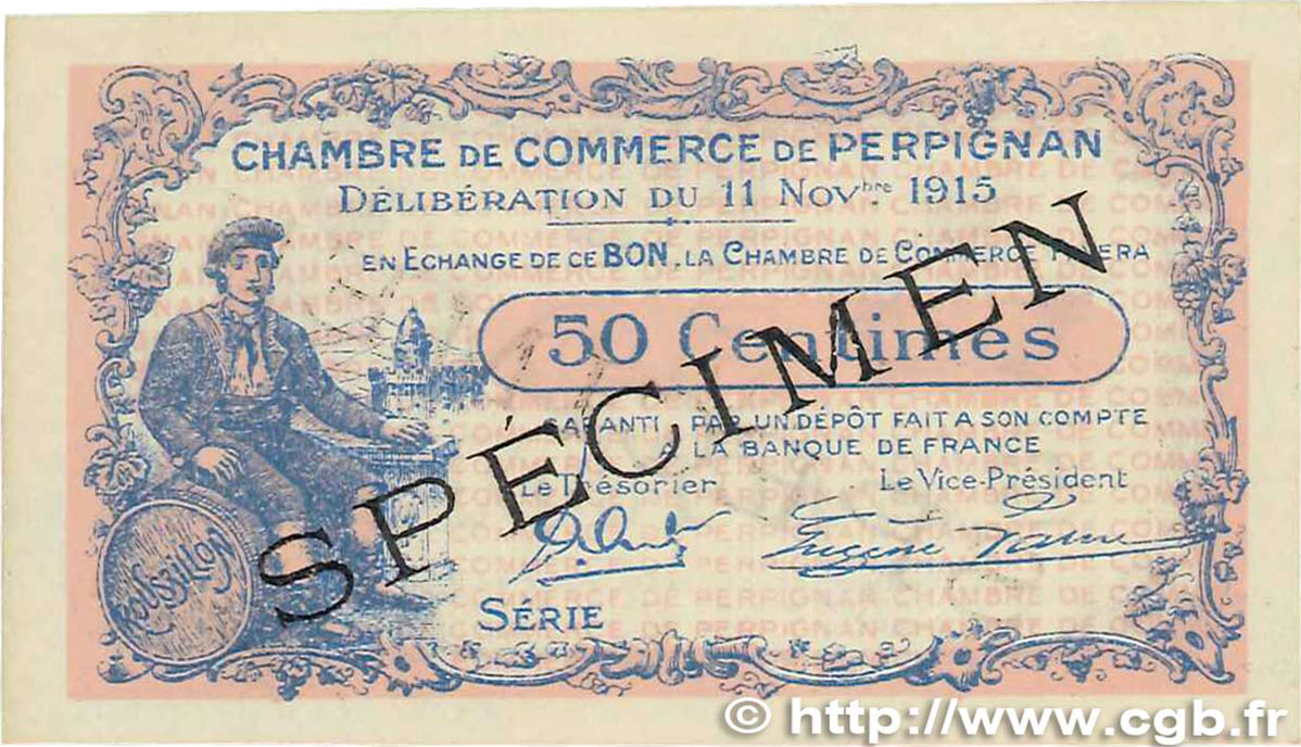 50 Centimes Spécimen FRANCE regionalism and various Perpignan 1915 JP.100.11 XF+