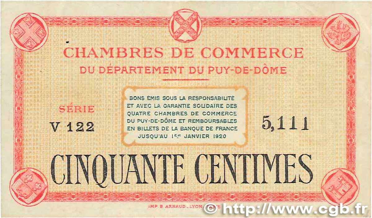 50 Centimes FRANCE régionalisme et divers Puy-De-Dôme 1918 JP.103.01 TTB