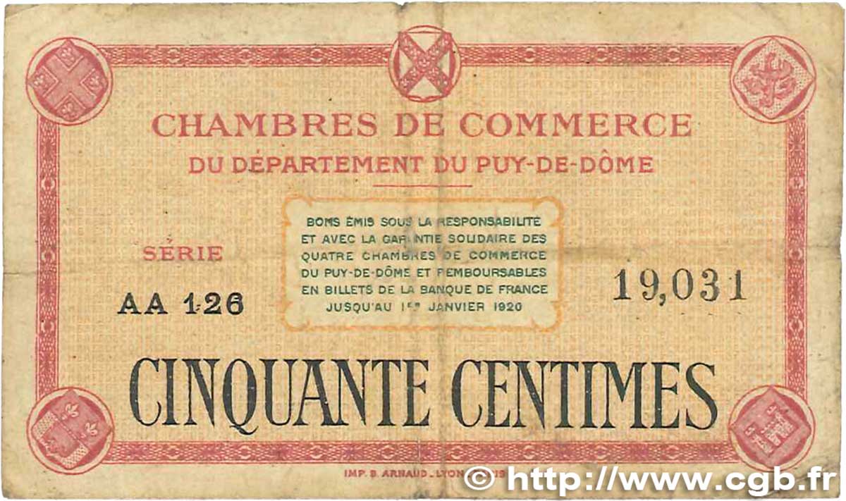 50 Centimes FRANCE régionalisme et divers Puy-De-Dôme 1918 JP.103.03 B+