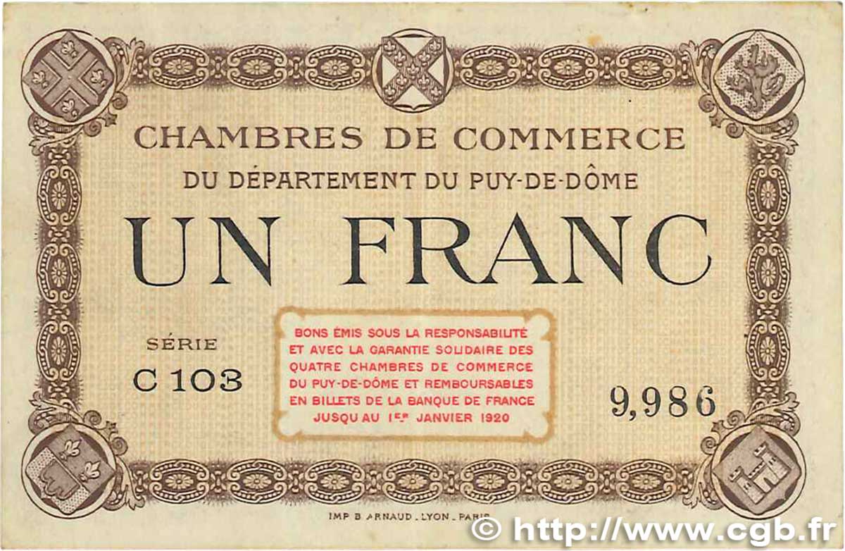 1 Franc FRANCE régionalisme et divers Puy-De-Dôme 1918 JP.103.16 TTB