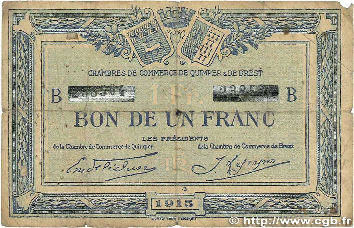 1 Franc FRANCE régionalisme et divers Quimper et Brest 1915 JP.104.05 B