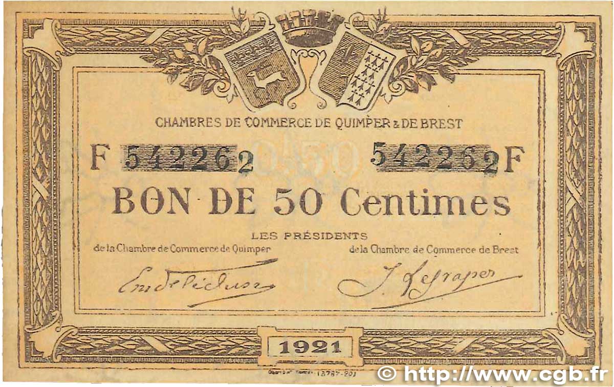50 Centimes FRANCE régionalisme et divers Quimper et Brest 1921 JP.104.19 TTB