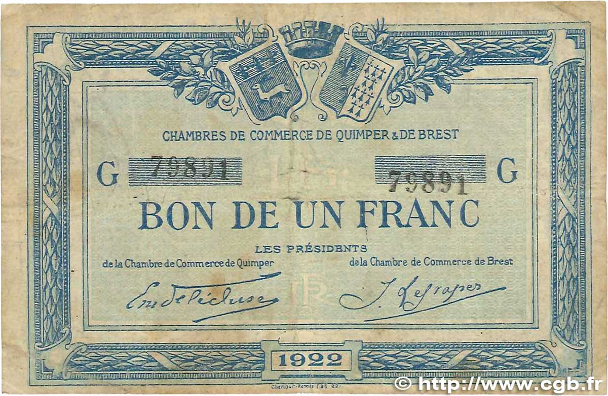 1 Franc FRANCE régionalisme et divers Quimper et Brest 1922 JP.104.23 B