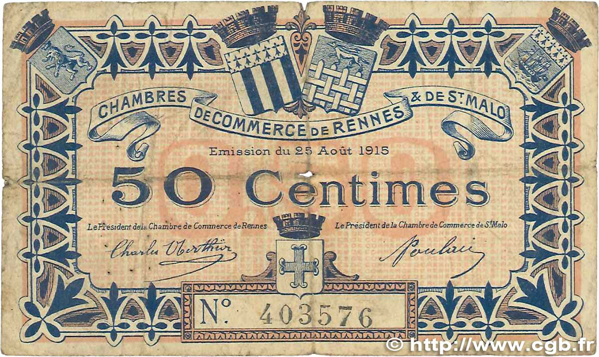 50 Centimes FRANCE régionalisme et divers Rennes et Saint-Malo 1915 JP.105.01 B