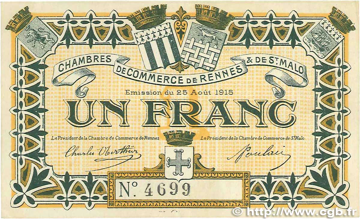 1 Franc FRANCE régionalisme et divers Rennes et Saint-Malo 1915 JP.105.03 TTB+