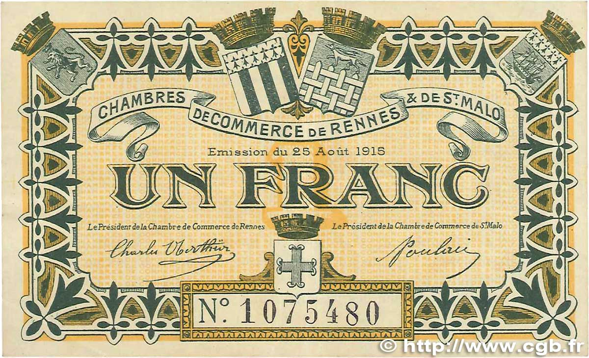 1 Franc FRANCE régionalisme et divers Rennes et Saint-Malo 1915 JP.105.07 TTB