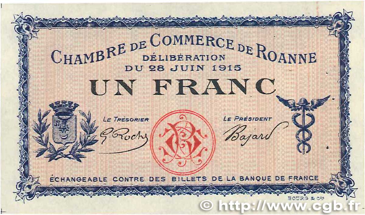 1 Franc Spécimen FRANCE régionalisme et divers Roanne 1915 JP.106.04 SUP