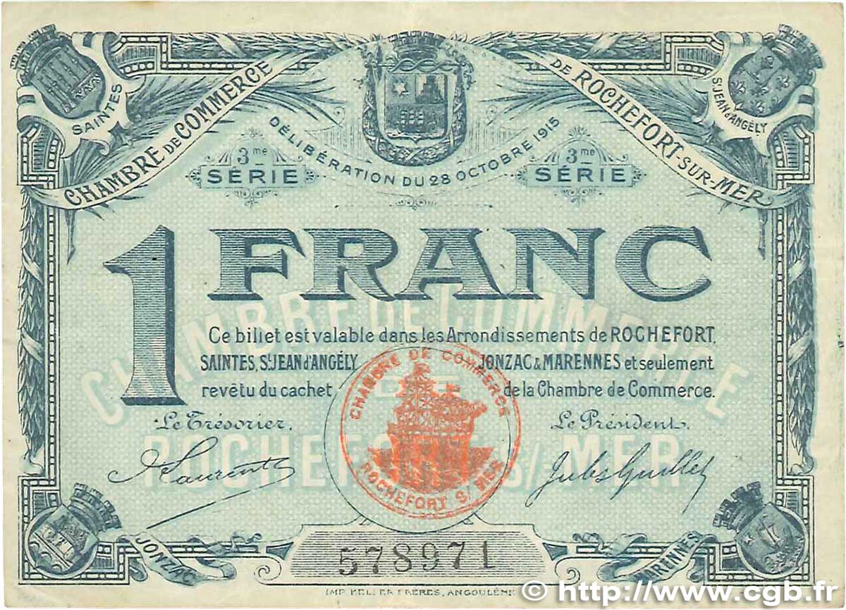 1 Franc FRANCE régionalisme et divers Rochefort-Sur-Mer 1915 JP.107.13 TTB