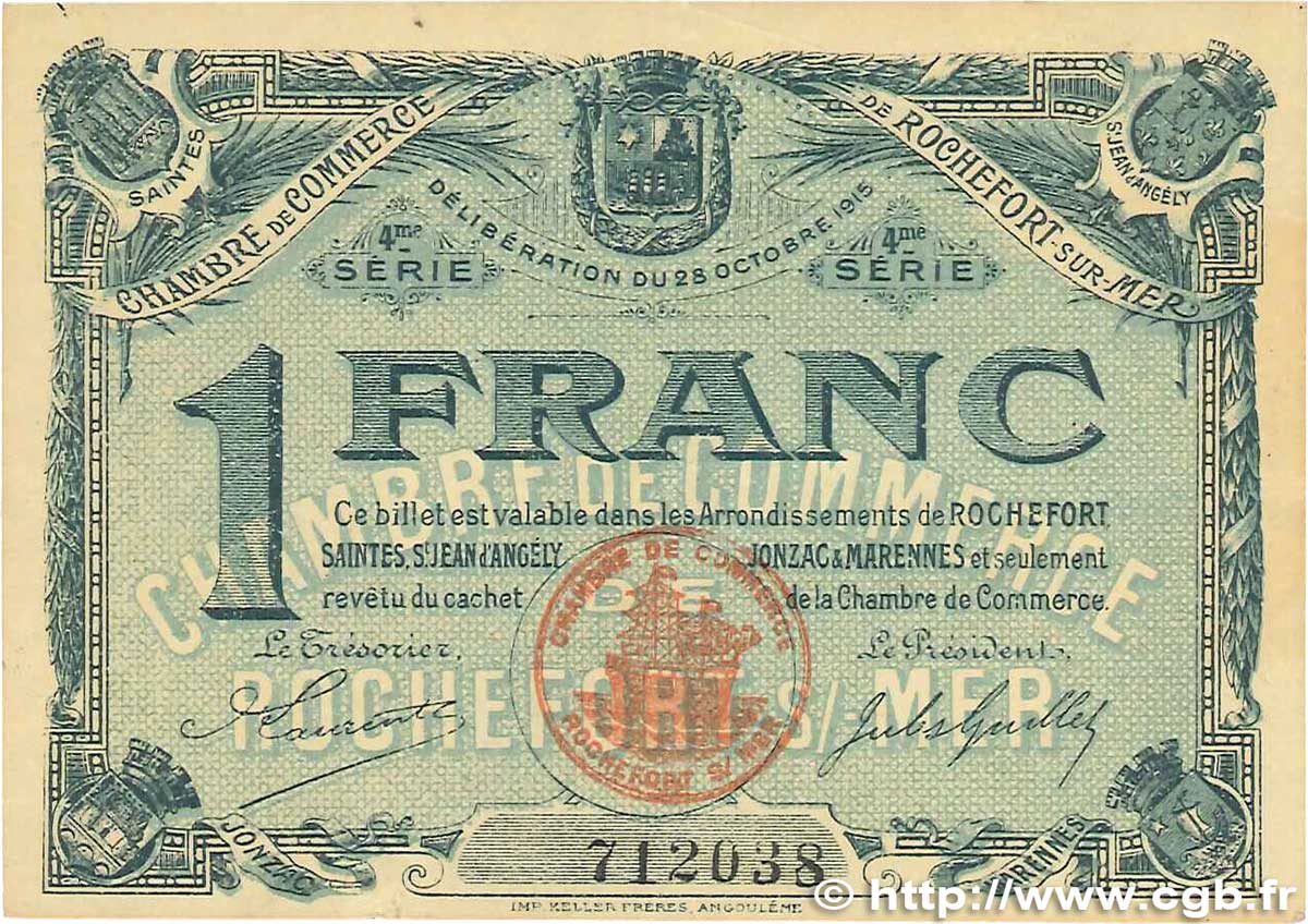 1 Franc FRANCE regionalismo y varios Rochefort-Sur-Mer 1915 JP.107.16 MBC