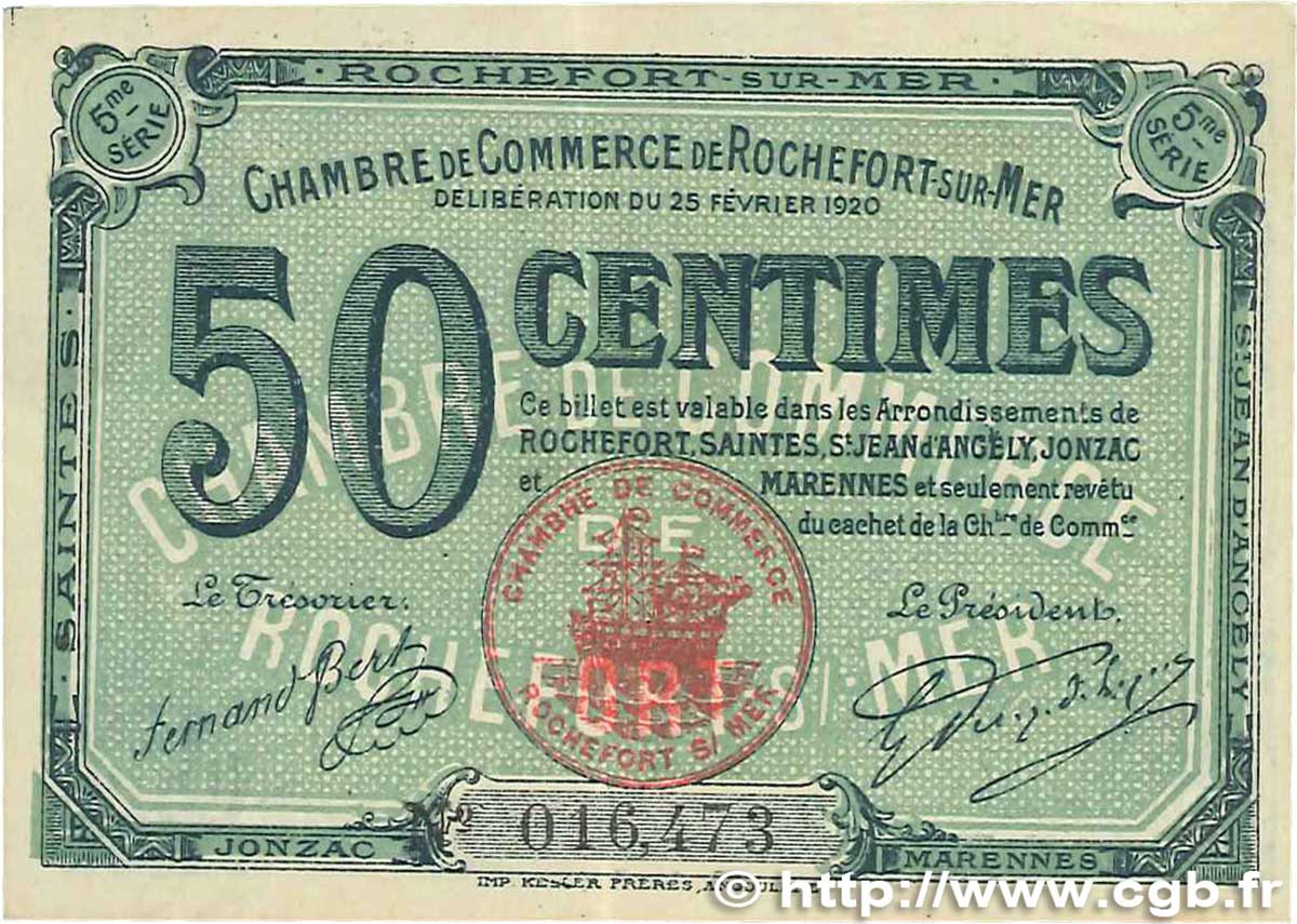 50 Centimes FRANCE regionalism and various Rochefort-Sur-Mer 1920 JP.107.17 VF