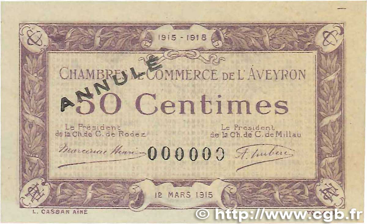 50 Centimes Annulé FRANCE régionalisme et divers Rodez et Millau 1915 JP.108.03 TTB+
