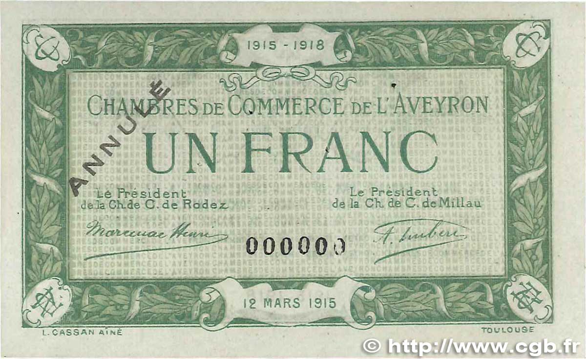 1 Franc Annulé FRANCE Regionalismus und verschiedenen Rodez et Millau 1915 JP.108.06 SS