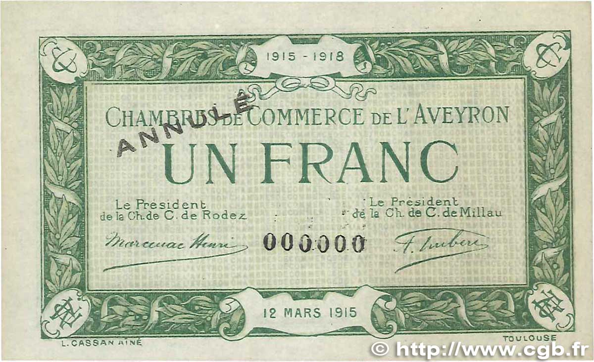 1 Franc Annulé FRANCE régionalisme et divers Rodez et Millau 1915 JP.108.06 TTB+