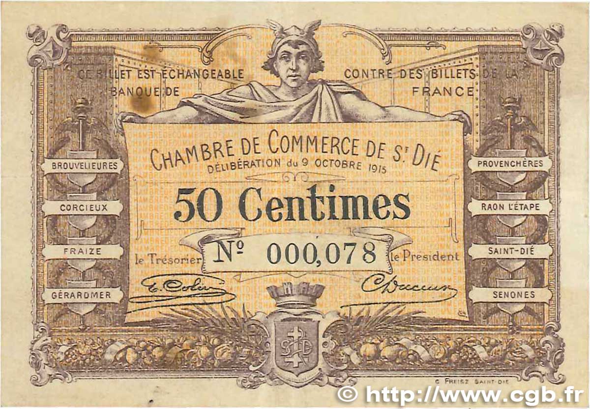 50 Centimes FRANCE régionalisme et divers Saint-Die 1915 JP.112.01 TB