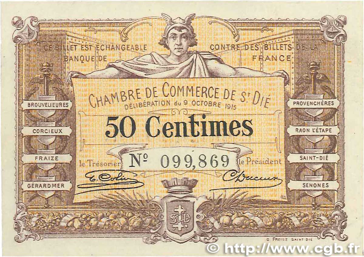 50 Centimes FRANCE régionalisme et divers Saint-Die 1915 JP.112.01 TTB+