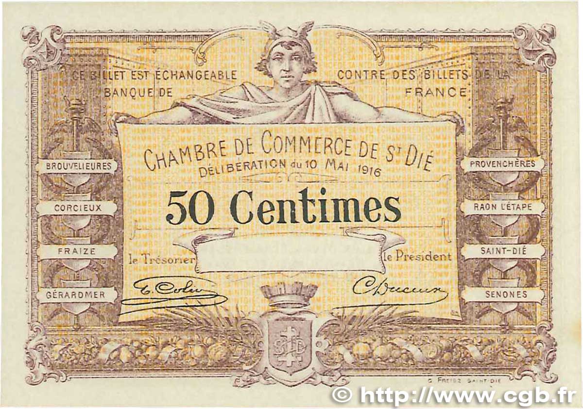 50 Centimes Spécimen FRANCE régionalisme et divers Saint-Die 1916 JP.112.06 SPL