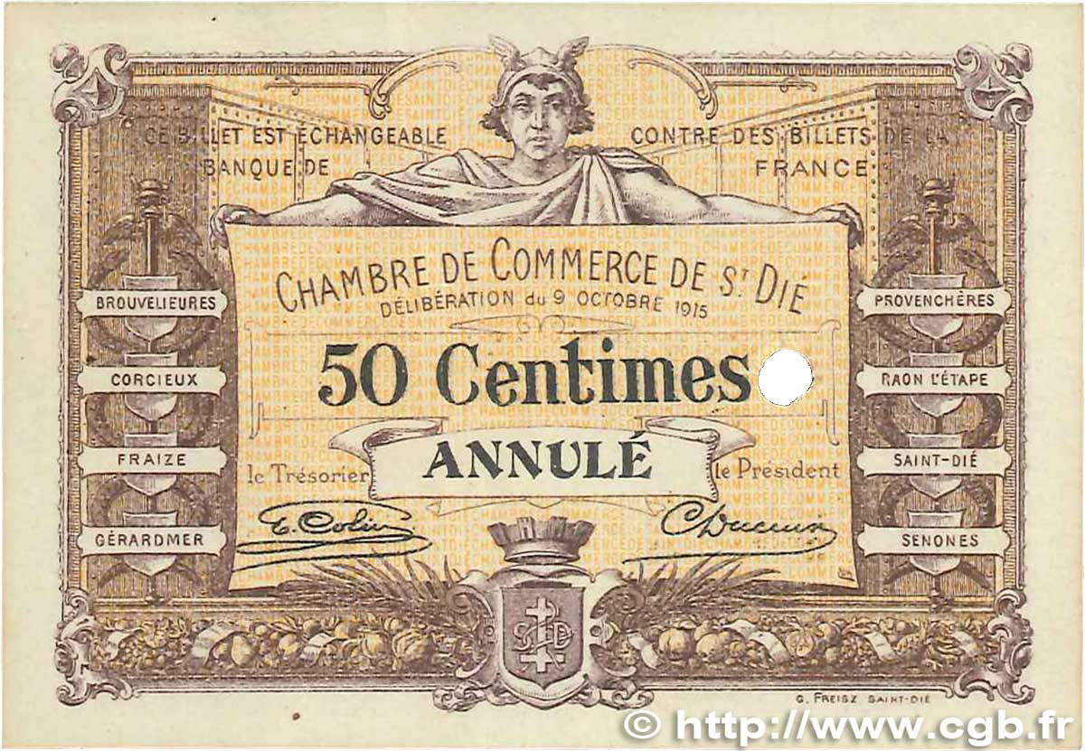 50 Centimes Annulé FRANCE régionalisme et divers  1915 JP.112.01var. SUP