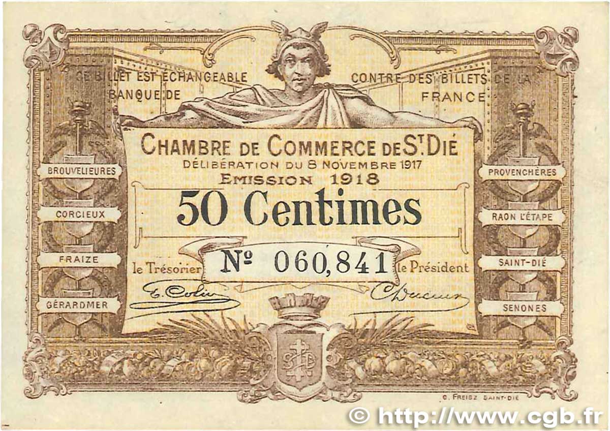 50 Centimes FRANCE régionalisme et divers Saint-Die 1917 JP.112.10 TTB