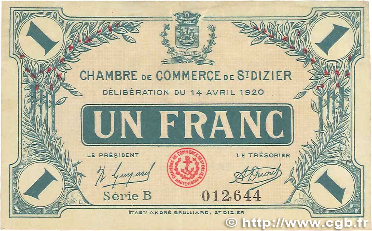 1 Franc FRANCE régionalisme et divers Saint-Dizier 1920 JP.113.19 pr.TTB