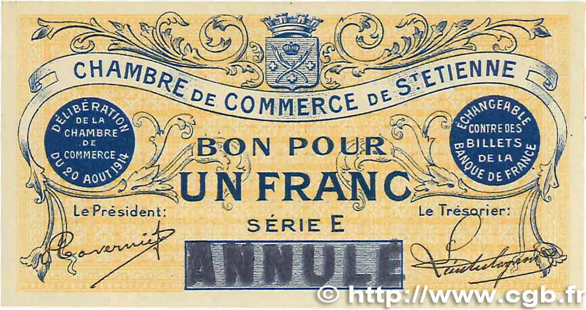 1 Franc Annulé FRANCE régionalisme et divers Saint-Étienne 1914 JP.114.02 SPL