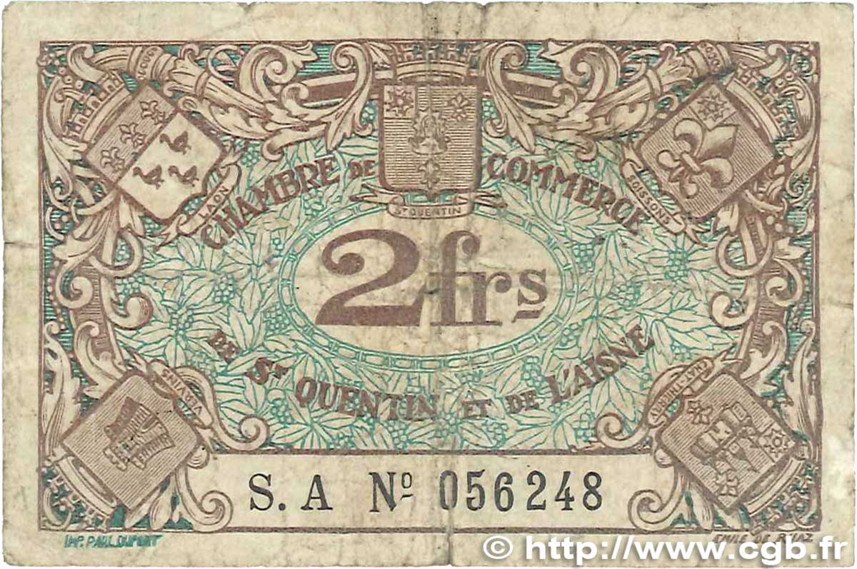2 Francs FRANCE régionalisme et divers Saint-Quentin 1918 JP.116.08 B