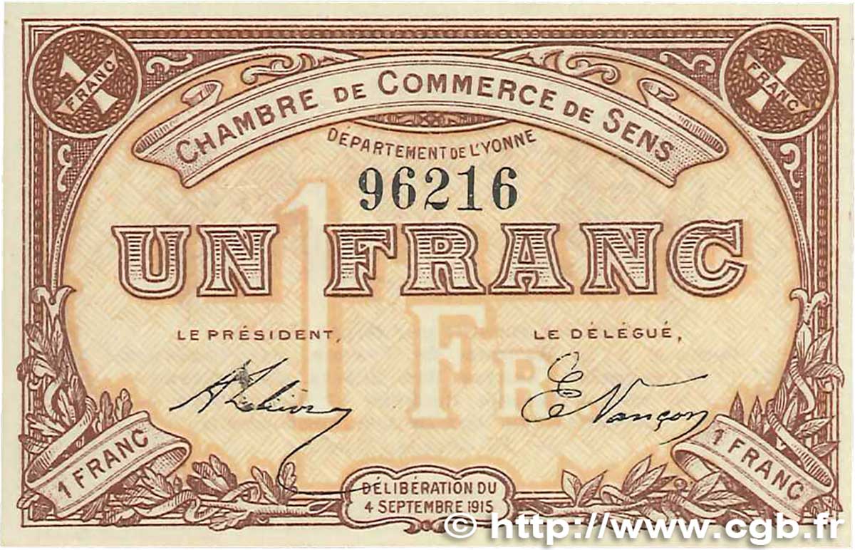 1 Franc FRANCE régionalisme et divers Sens 1915 JP.118.01 SPL