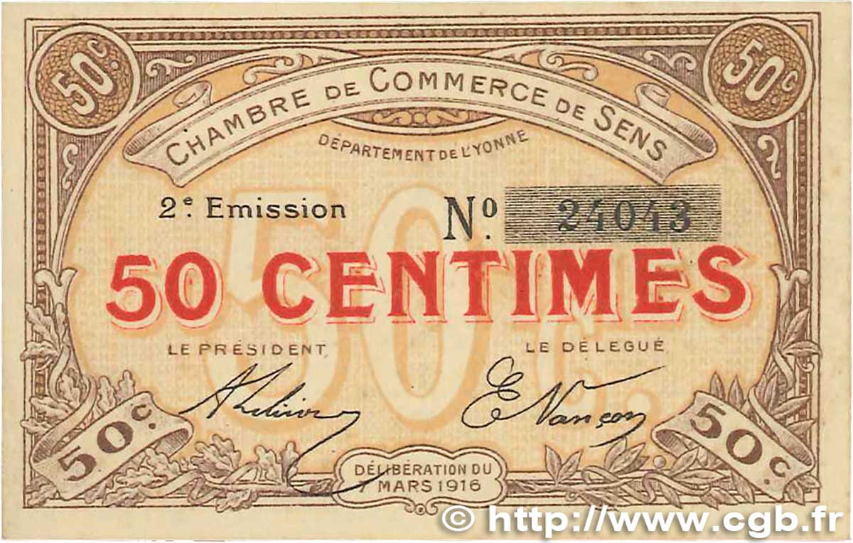 50 Centimes FRANCE régionalisme et divers Sens 1916 JP.118.02 TTB+