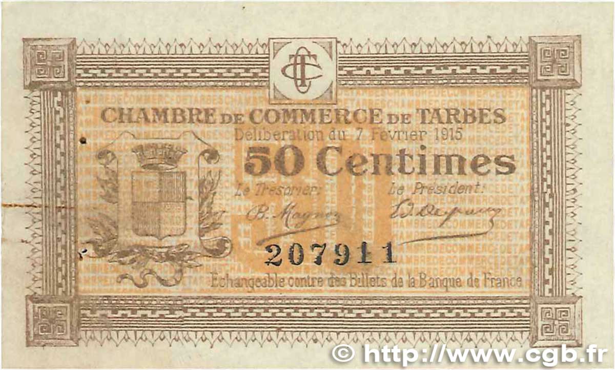 50 Centimes FRANCE regionalism and various Tarbes 1915 JP.120.01 VF+